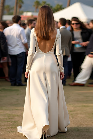 Apricot Crew Neck A Line Backless Long Sleeve Gala Dress with Appliques